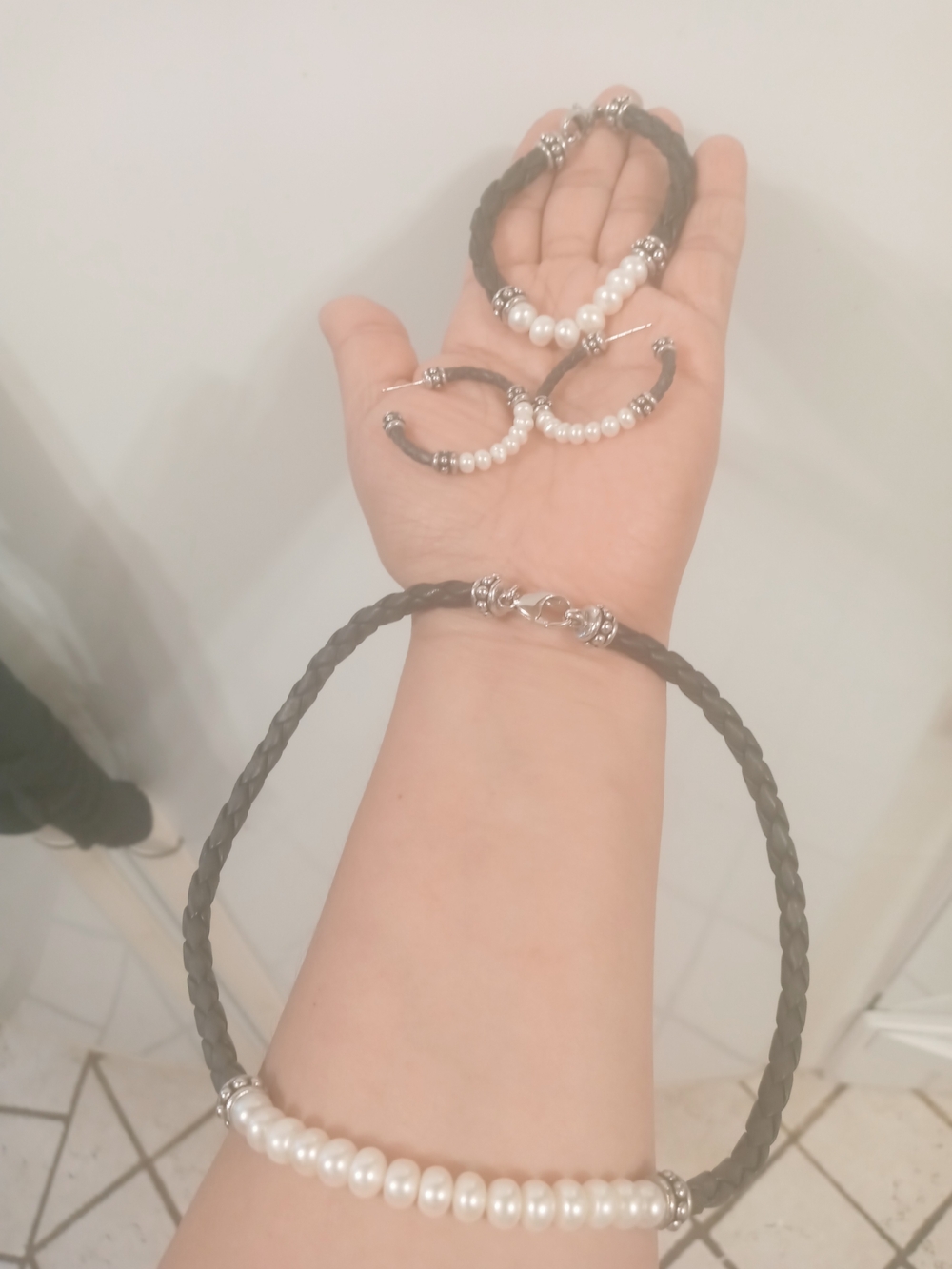 Vintage Sterling silver Pearls Accent Braided Leather Jewelry Set